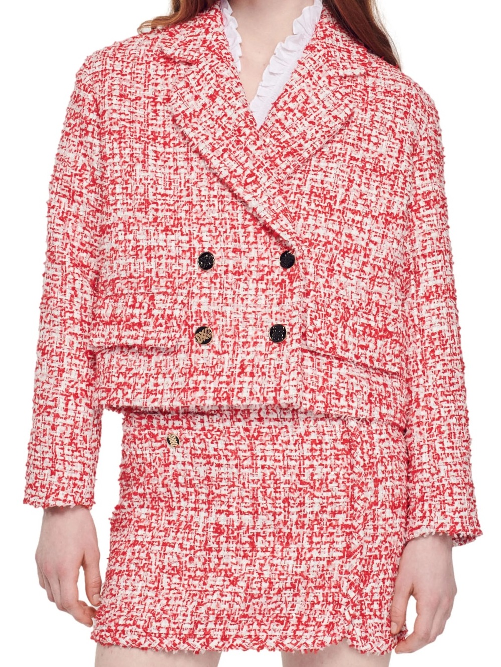 Sandro Red & White Tweed Cropped Double-Breasted Blazer